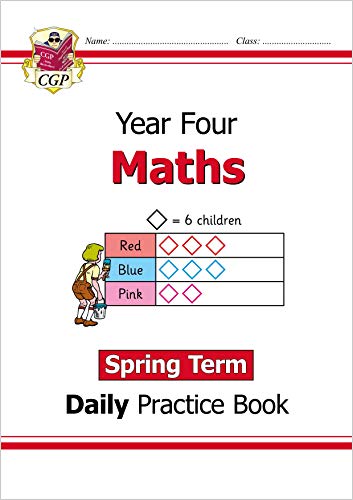 Year 4 Maths practice book cover with children and shapes illustration.