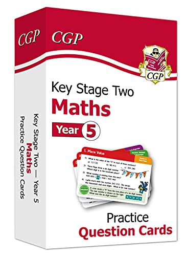 CGP Year 5 Maths practice question cards box with a stack of sample cards.