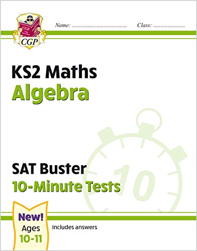 KS2 Maths Algebra test book cover with a clock graphic and "New!" badge.