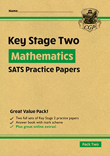 Front cover of a tan-colored CGP Key Stage Two Mathematics SATS practice papers book.