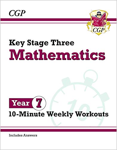 CGP Year 7 Mathematics 10-Minute Weekly Workouts workbook cover with a stopwatch graphic.
