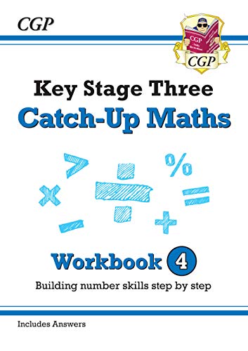 CGP Key Stage Three Catch-Up Maths Workbook 4 cover with blue mathematical symbols.