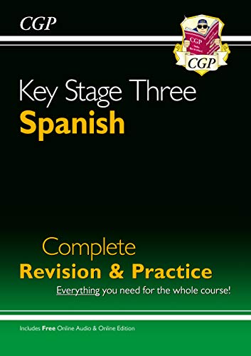 CGP Key Stage Three Spanish revision and practice book cover with black and green background.