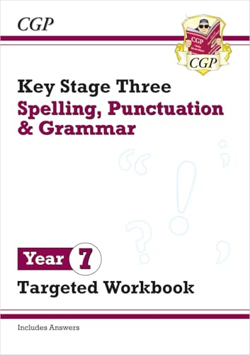 KS3 Year 7 spelling, punctuation & grammar workbook cover with icons.