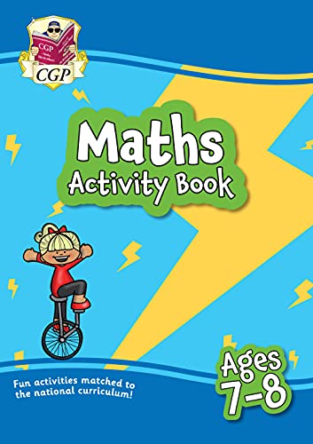 Bright blue cover of a maths activity book with a girl on a unicycle.