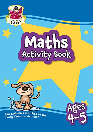 CGP Maths Activity Book for ages 4-5 with a yellow star and cartoon dog.