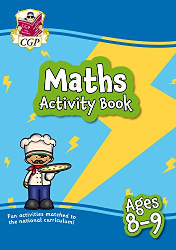 CGP Maths Activity Book for ages 8-9 featuring a cartoon chef holding a pizza.