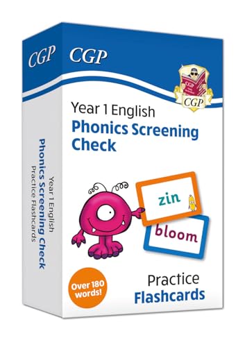 A box of CGP Year 1 English Phonics Screening Check practice flashcards with monster illustration.