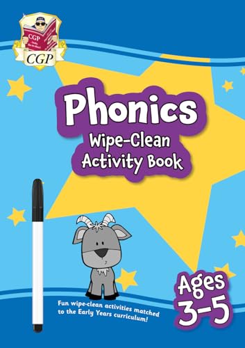 Phonics activity book cover with pen and cartoon goat, for ages 3-5.