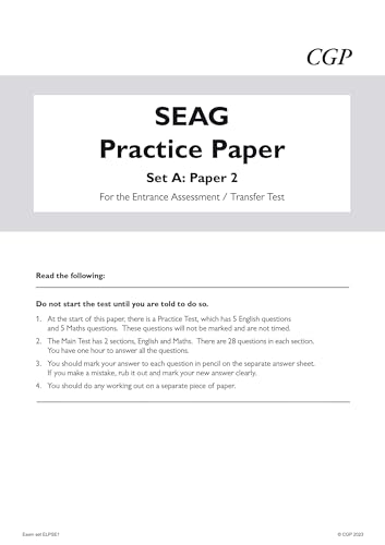 SEAG practice test paper with instructions and CGP logo at top right.
