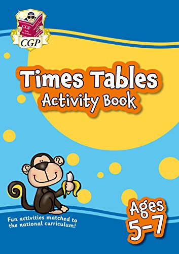Colourful activity book with times tables exercises for children, illustrated with cartoon-style images.