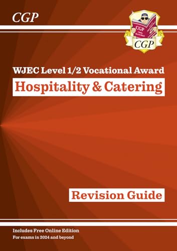 CGP Hospitality and Catering revision guide for WJEC Level 1/2 with orange sunburst background.
