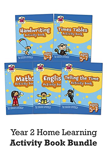 Five colorful activity books for children ages 5-7, stacked with text below.