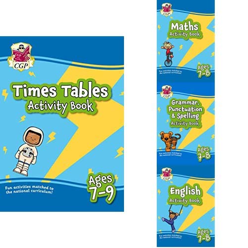 Four CGP activity books for ages 7-9 featuring maths, English, grammar, and times tables.