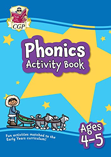 CGP Phonics Activity Book for ages 4-5 with a child on a dog sled.