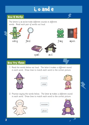 Phonics worksheet with vowel sounds, words, and matching illustrations.