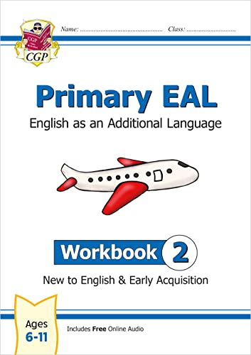Primary EAL Workbook 2 cover featuring a cartoon airplane and CGP branding.