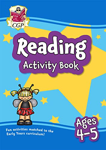 CGP Reading Activity Book for ages 4-5 with a cartoon fairy on blue background.