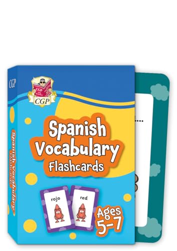 Blue box of Spanish Vocabulary Flashcards for ages 5-7 with rocket illustrations.