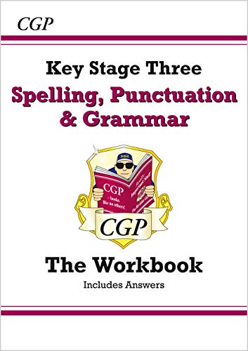 CGP Key Stage Three Spelling, Punctuation and Grammar workbook cover with mascot illustration.