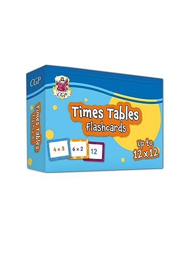 A blue box of CGP Times Tables Flashcards for learning multiplication up to 12x12.