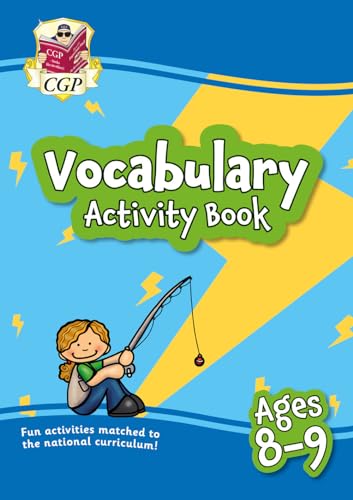 Cover of Vocabulary Activity Book for ages 8-9 featuring a child fishing.