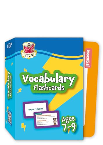 Blue box of vocabulary flashcards for ages 7-9 with example cards.