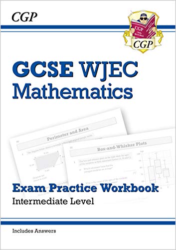 GCSE Maths exam practice workbook cover, blue and white, with example problems.