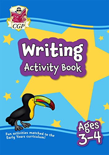 CGP Writing Activity Book for ages 3-4 featuring a toucan on a blue background.