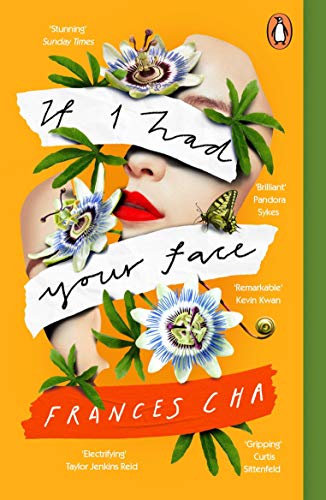 Book cover featuring a face obscured by paper strips, passion flowers, and a butterfly.