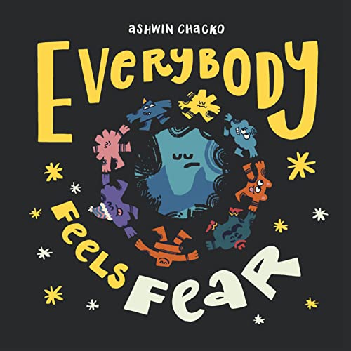 Book cover with colorful stylized monsters surrounding a larger blue monster on black background.