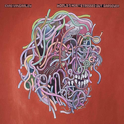 Red album cover with abstract, colorful tangled plant-like shapes forming a face.
