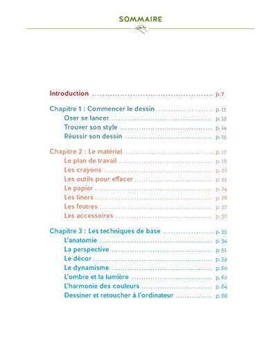Book table of contents listing drawing chapters and page numbers in French.