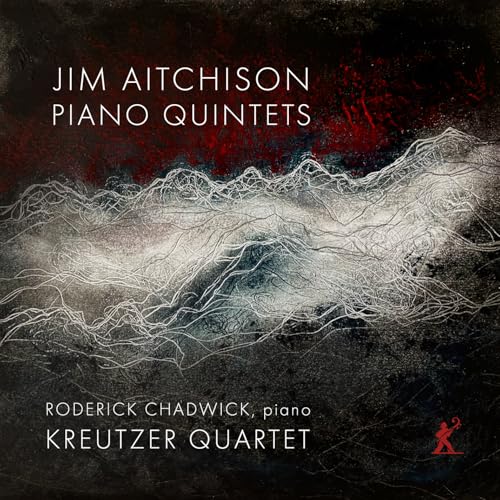 CD cover for Jim Aitchison’s Piano Quintets, abstract white lines on red.