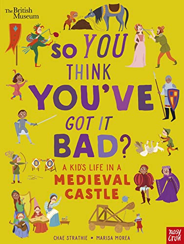 Bright yellow book cover depicting children in medieval castle scenes.