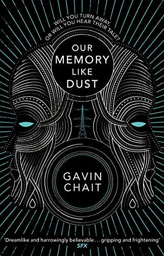 Book cover: white line art face with glowing blue eyes, dark background.