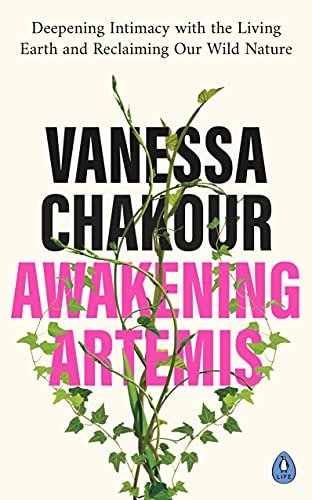Book cover with bold pink title "Awakening Artemis" and green foliage.