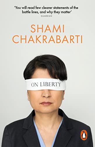 Book cover: woman with blindfold, title "On Liberty" in orange text.