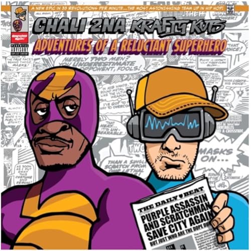 Vinyl album cover featuring two illustrated superheroes in comic book style.