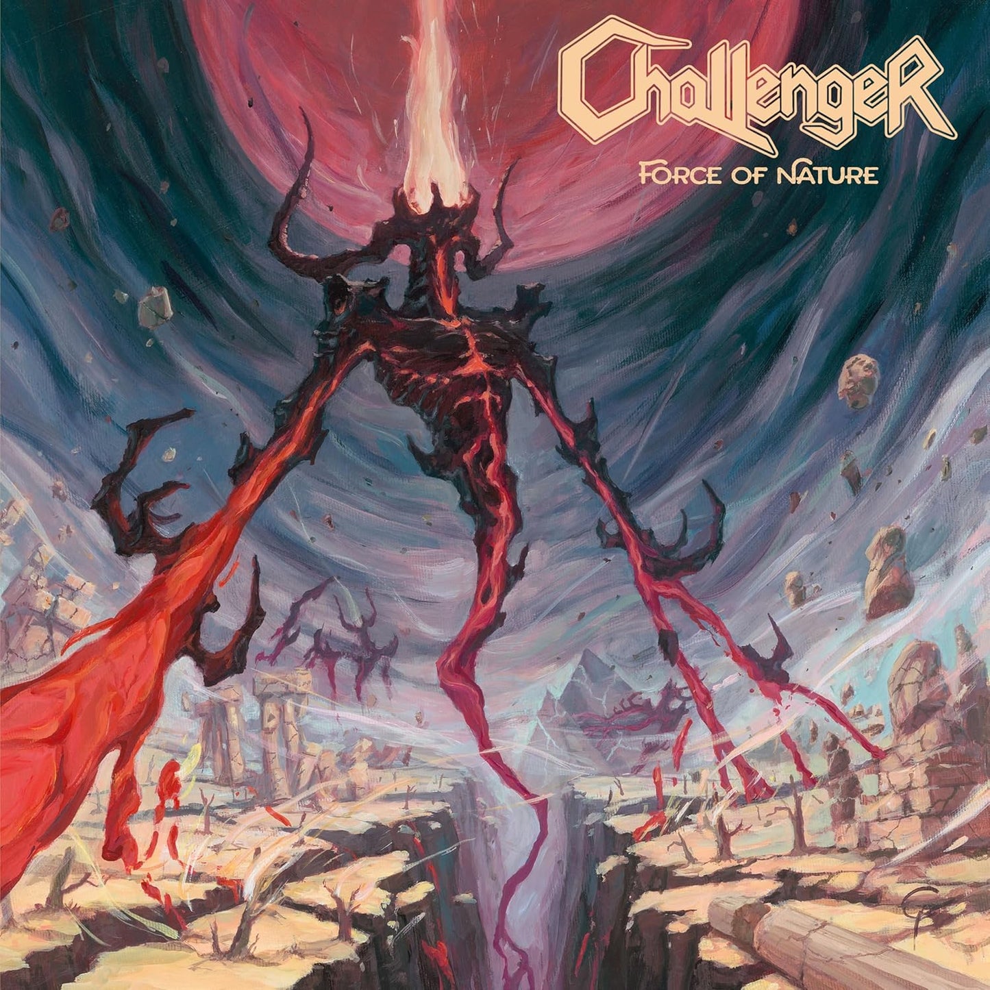 A towering, horned, lava-like creature stands over a desolate, rocky landscape under a red sky.