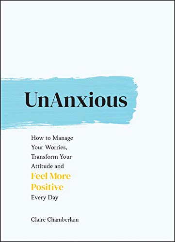 Book cover: “UnAnxious” with blue brushstroke and text by Claire Chamberlain.