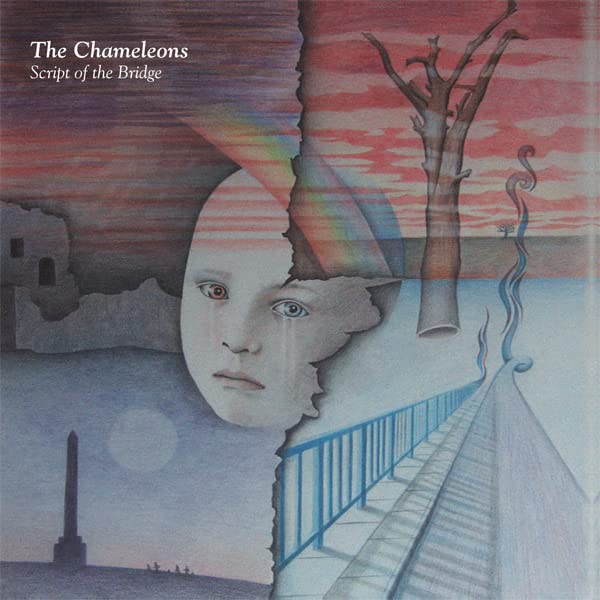 Surreal album cover art featuring a child's face, a bridge, and a dead tree.