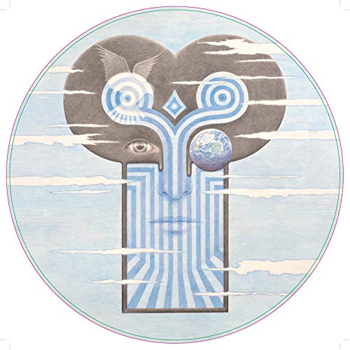 Circular vinyl record artwork: face with bird, eye, and geometric designs.