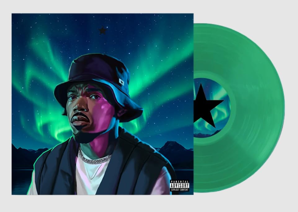 Chance the Rapper album cover with aurora borealis background and a translucent green vinyl.