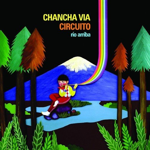 Album cover: stylized illustration of a musician with a rainbow and mountains.