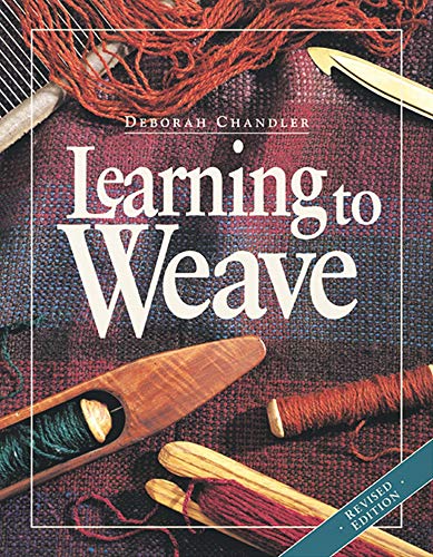 Book cover for “Learning to Weave” with weaving tools and yarn.