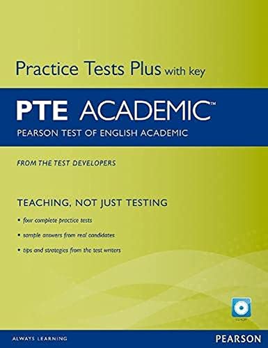 Yellow and blue “PTE Academic” practice test book with key.