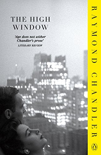 Book cover of The High Window by Raymond Chandler featuring a couple overlooking city lights.