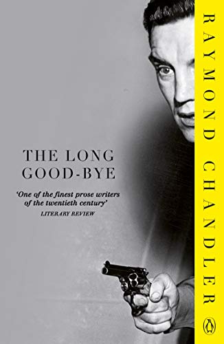 Book cover featuring a man holding a handgun, with yellow side text by Raymond Chandler.