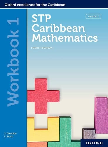 Cover of STP Caribbean Mathematics Workbook 1 featuring colorful wooden blocks on blue background.